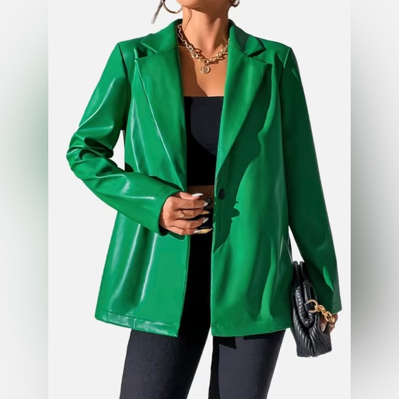 Solid Green V Neck Lapel Long Sleeve Button Blazer Jacket - Picture 3 of 5
